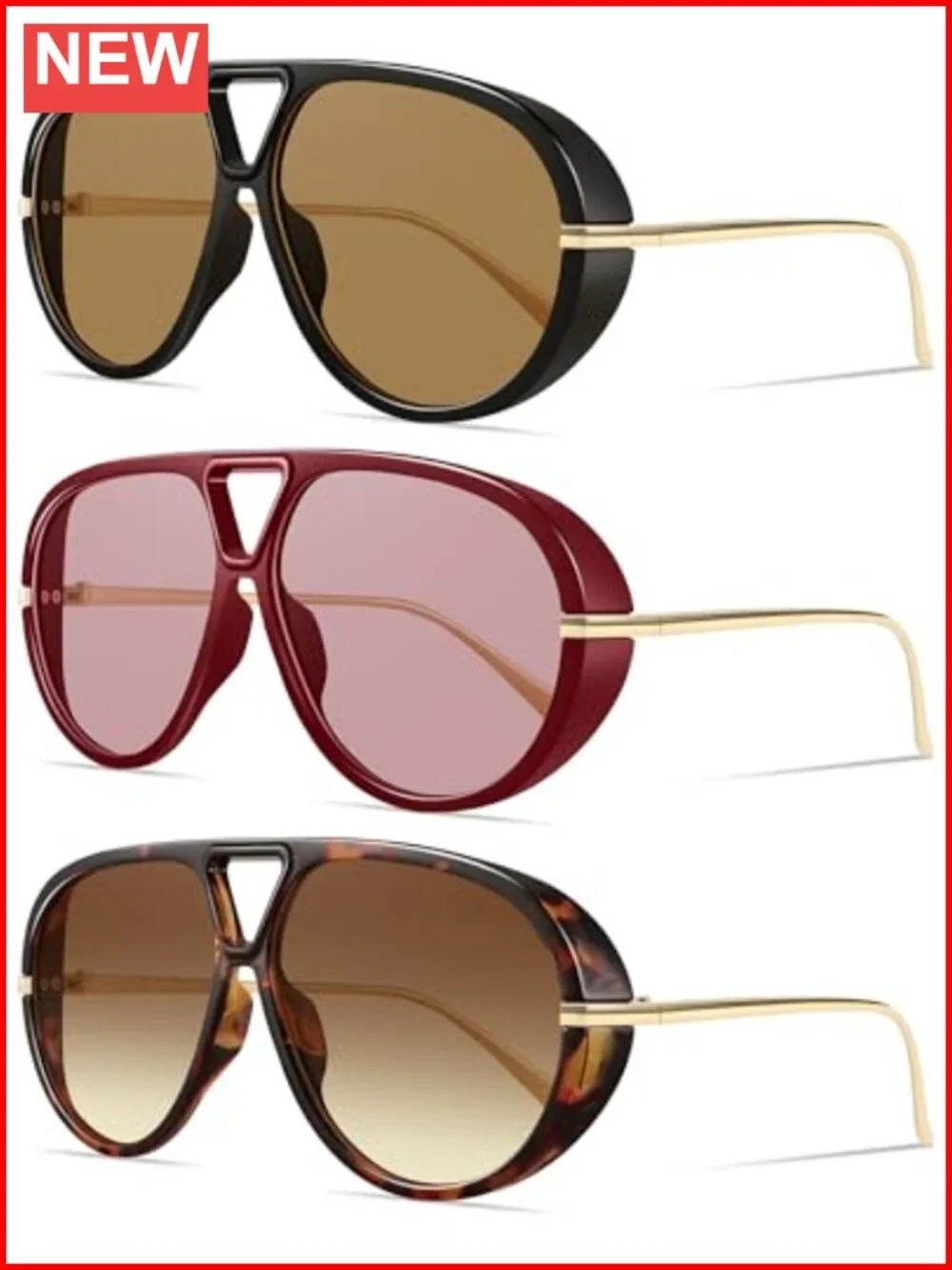 Oversized Retro Aviator Sunglasses UV400 Protection 3 Pack